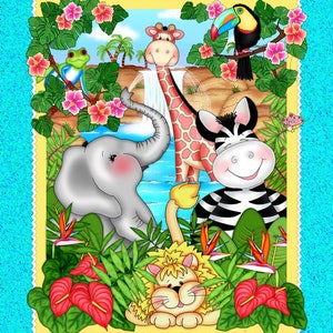May include: A colorful illustration of a jungle scene with a giraffe, zebra, elephant, lion, and toucan. The animals are surrounded by lush green foliage and vibrant flowers.