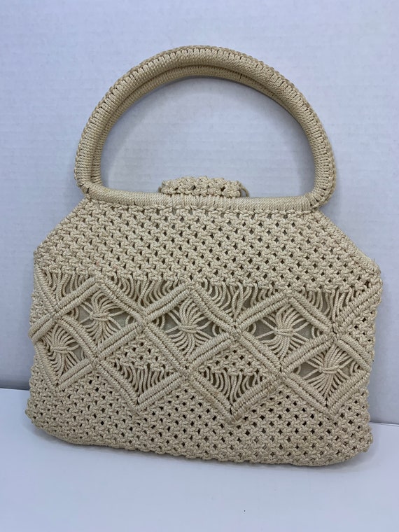 Macrame Handbag Purse All Natural Fiber Button Clasp and Single Pocket Cream Color