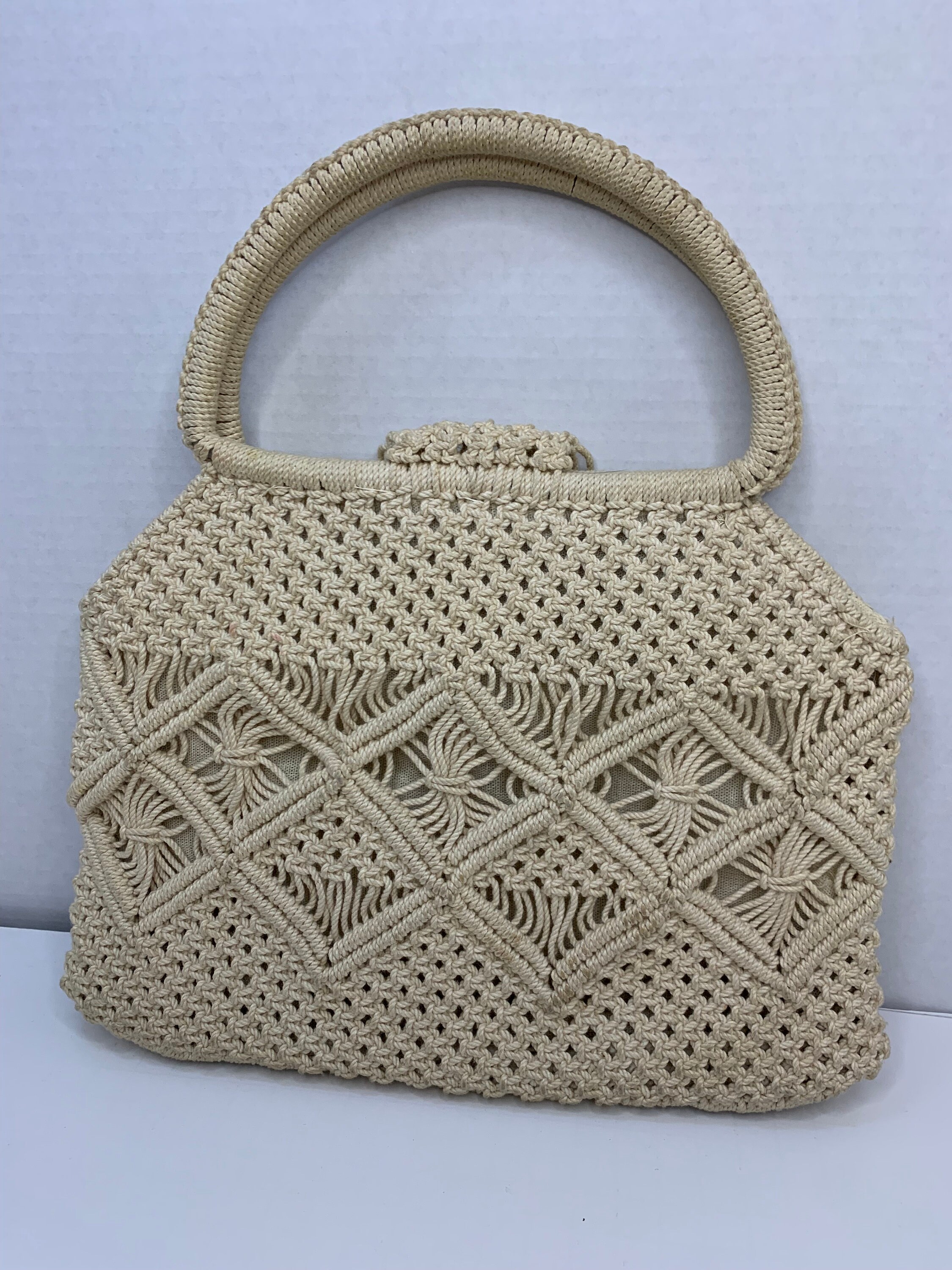 Macrame Handbag Purse All Natural Fiber Button Clasp and Single Pocket Cream Color. Etsy