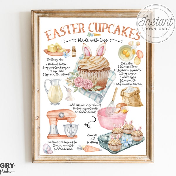 Easter Cupcake Recipe Print, Cupcake Print, Easter Transfers, Cupcake Recipe, Cupcake Sign, Easter sign, Easter Decor, Cooking Prints