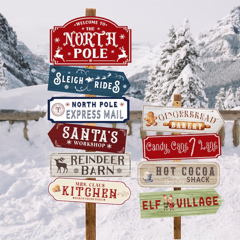 May include: A set of nine wooden Christmas signs with red, blue, green, and white paint. The signs are shaped like arrows and have various Christmas-themed messages, including "Welcome to the North Pole", "Sleigh Rides", "North Pole Express Mail", "Santa's Workshop", "Gingerbread Bakery", "Candy Cane Lane", "Reindeer Barn", "Mrs. Claus Kitchen", and "Elf Village".