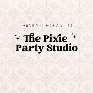 Puede incluir: Gracias por visitar The Pixie Party Studio, un gr&aacute;fico de texto con dos estrellas sobre un fondo blanco con un patr&oacute;n repetitivo.