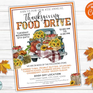 Thanksgiving Food Drive Flyer, Food Drive Flyer, Editable Food Drive Template, Fall Food Drive Flyer, Church Fundraiser Flyer, School Flyer