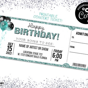 Printable Concert Ticket, Editable Concert Ticket, Birthday Concert Ticket, Concert Ticket, Printable Tickets, Event Ticket, Teal Glitter