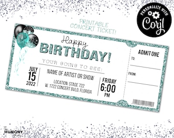 Printable Concert Ticket, Editable Concert Ticket, Birthday Concert Ticket, Concert Ticket, Printable Tickets, Event Ticket, Teal Glitter