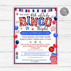 4th Of July Bingo, Bingo Flyer, Bingo Night Flyer, Bingo Night, Bingo Fundraiser, Bingo Invitation, School Bingo, Fundraiser Flyer,PTO Flyer