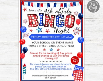 4th Of July Bingo, Bingo Flyer, Bingo Night Flyer, Bingo Night, Bingo Fundraiser, Bingo Invitation, School Bingo, Fundraiser Flyer,PTO Flyer