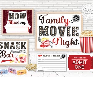 Family Movie Night, Movie Night Bundle, Movie Night Tickets, Snack Bar Sign, Backyard Movie Night, Movie Night Printable, Movie Sign, Family
