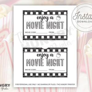 Movie Night Gift Tag, Movie Night Tag, Printable Movie Ticket, Movie ...