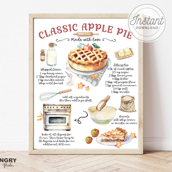 Apple Pie Print, Apple Pie Recipe, Pie Print, Thanksgiving Printable, Apple Pie Printable, Cooking Prints, Recipe Print, Kitchen Prints