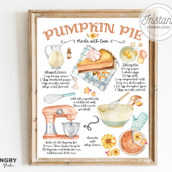 Pumpkin Pie Recipe, Pumpkin Pie Print, Pie Print, Thanksgiving Printable, Pumpkin Pie Printable, Cooking Prints,Recipe Print, Kitchen Prints