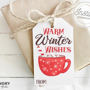 Afdrukbare kerstkaartjes, label warme winterwensen, tags kersttraktatie, afdrukbare kerstcadeaukaartjes, cadeaukaartjes, cadeaulabel vakantie