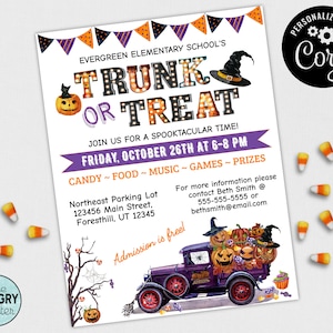 Trunk Or Treat Flyer, Trunk Or Treat Invite, Halloween Event Flyer, Harvest Festival Flyer, Church Fall Festival, Editable Trunk Or Treat