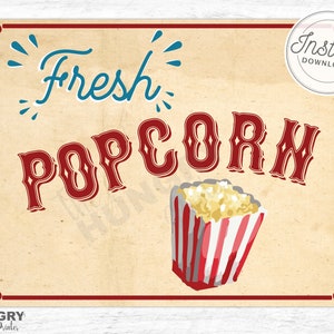 Popcorn Sign Printable, Popcorn Bar Sign, Fresh Popcorn Sign, Carnival ...