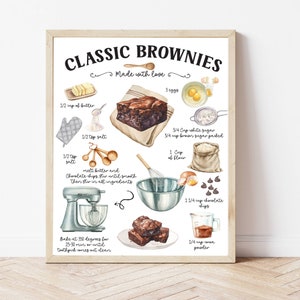 Brownie Recipe, Brownie Printable, Brownie Sign, Illustrated Recipe, Bakery Print, Recipe Print, Kitchen, Brownie Birthday, Dessert Print