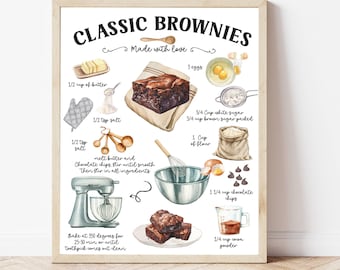 Brownie Recipe, Brownie Printable, Brownie Sign, Illustrated Recipe, Bakery Print, Recipe Print, Kitchen, Brownie Birthday, Dessert Print