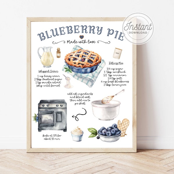 Blueberry Pie Print, Blueberry Birthday, Blueberry Baby Shower, Recipe Print, Illustrated Recipe, Bakery Art, Kitchen Decor, Kitchen Prints