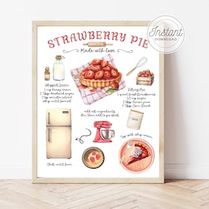 Wydruk z truskawkowym ciastem, truskawkowe urodziny, truskawkowy baby shower, wydruk przepisu, ilustrowany przepis, sztuka piekarnicza, wydruki kuchenne, truskawkowy