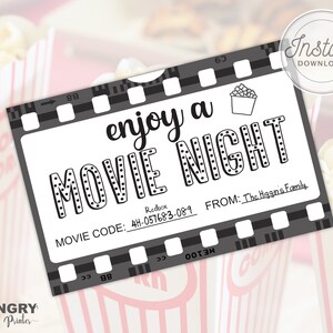 Movie Night Gift Tag, Movie Night Tag, Printable Movie Ticket, Movie ...