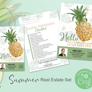 Summer Real Estate Postcards, Hello Summer Real Estate, Realtor Farming, Realtor Summer Mailer, Summer Pop By, Pineapple Tag, Farming Mailer