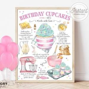 Birthday Cupcake Recipe Print, Birthday Cupcake Printable, Cupcake Party, Birthday Transfers, Cupcake Recipe, Cupcake Sign, Cooking Print