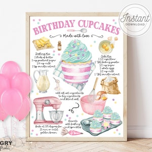 Birthday Cupcake Recipe Print, Birthday Cupcake Printable, Cupcake Party, Birthday Transfers, Cupcake Recipe, Cupcake Sign, Cooking Print