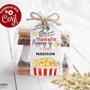 Movie Night Tag, Movie Favor Tag, Thanks For Popping By Tags, Movie Night Party Favors, Movie Thank You Tags, Movie Night Birthday, EDITABLE