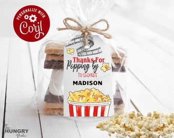 Movie Night Tag, Movie Favor Tag, Thanks For Popping By Tags, Movie Night Party Favors, Movie Thank You Tags, Movie Night Birthday, EDITABLE