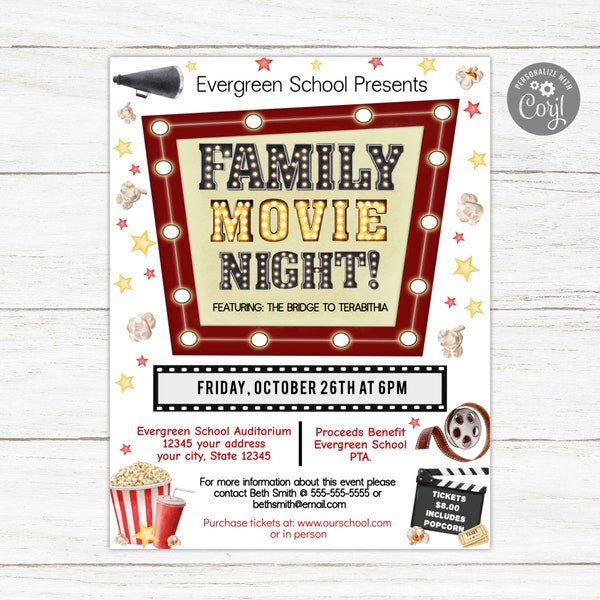 Family Movie Night Flyer, Movie Flyer, Movie Night Flyer, Cinema Invitation, Church Flyer, Benefit Flyer, Fundraiser Flyer, PTO Flyer, Movie