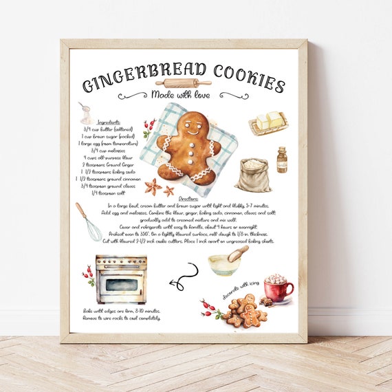 Gingerbread Cookie Recipe, Cookie Print, Gingerbread Birthday, Cookie Sign, Christmas Prints, Illustrated Recipe, Recipe Print, Bakery Print