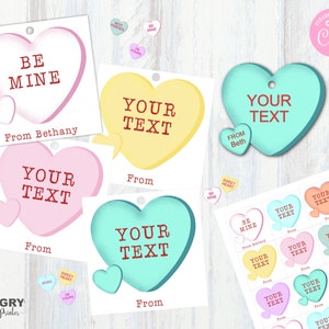 Valentine Candy Hearts Tag, Editable Valentine, Cookie Tag, Conversation Heart Valentine, Classroom Valentines, Valentine Favor Tags, Hearts image 1