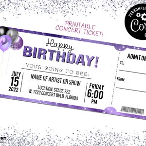Printable Concert Ticket, Editable Concert Ticket, Birthday Concert Ticket, Concert Ticket, Printable Tickets, Event Ticket, Purple Glitter