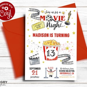 Editable Movie Night Invitation, Movie Birthday Invitation, Movie Birthday Party, Movie Ticket Invite, Sleepover Party Invite, Printable