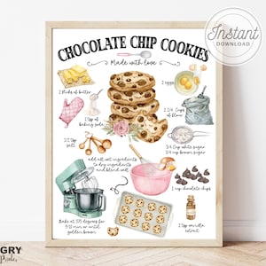 Chocolate Chip Cookie Print, Illustrated Recipe, Cookie Party, Cookie Transfers, Cookie Recipe, Cookie Sign, Cooking Print, Recipe Print