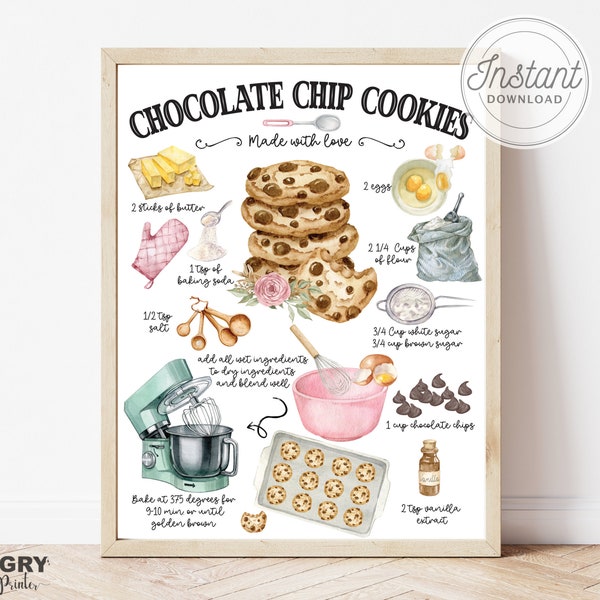 Chocolate Chip Cookie Print, Illustriertes Rezept, Cookie Party, Cookie Transfers, Cookie Recipe, Cookie Sign, Kochen Print, Rezept Print