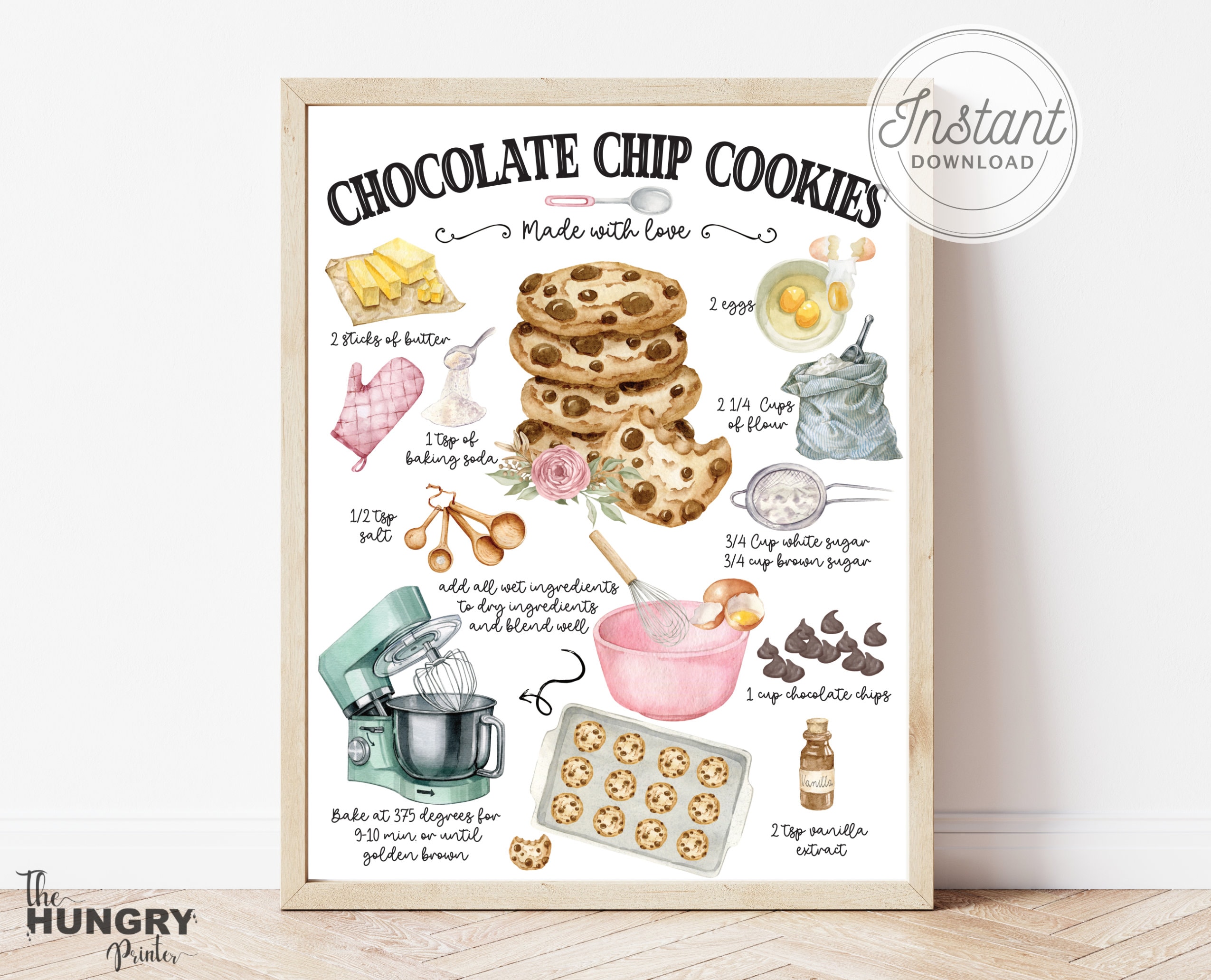 Chocolate Chip Cookie Print, Illustrated Recipe, Cookie Party