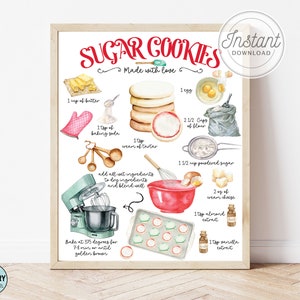 Sugar Cookie Recipe, Cookie Print, Sugar Cookie Birthday, Cookie Sign, Christmas Prints, Illustrated Recipe, Recipe Print, Bakery Print