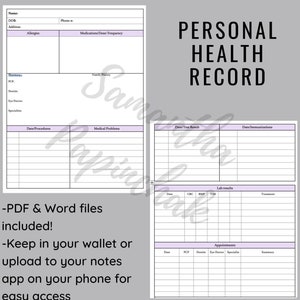 Op de afbeelding: Een printbaar persoonlijk gezondheidsregistratieformulier met secties voor naam, geboortedatum, adres, telefoonnummer, allergieën, medicijnen, familiegeschiedenis, procedures, medische problemen, labuitslagen, immunisaties en afspraken. Het formulier is ontworpen om in een portemonnee te worden bewaard of te worden geüpload naar een telefoon voor gemakkelijke toegang.