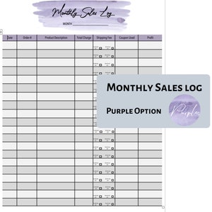 Registro de ventas mensual morado, rastreador de ventas para pequeñas empresas, bonitas opciones de color, tamaño A5 y carta, formato PDF y Word, personalizable