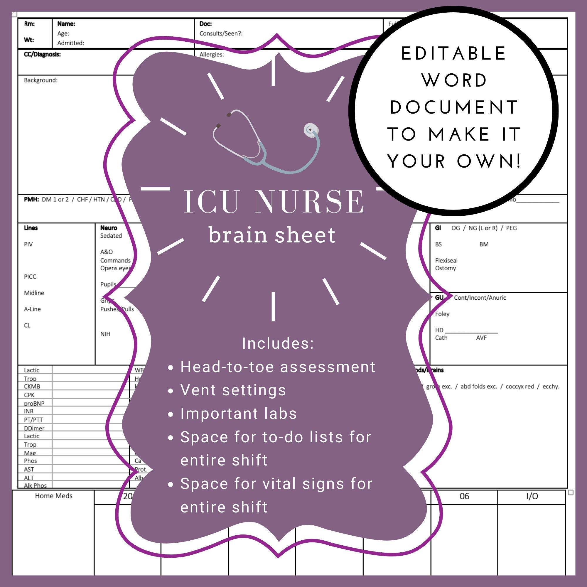 ICU nurse RN brain sheet detailed vent settings included | Etsy