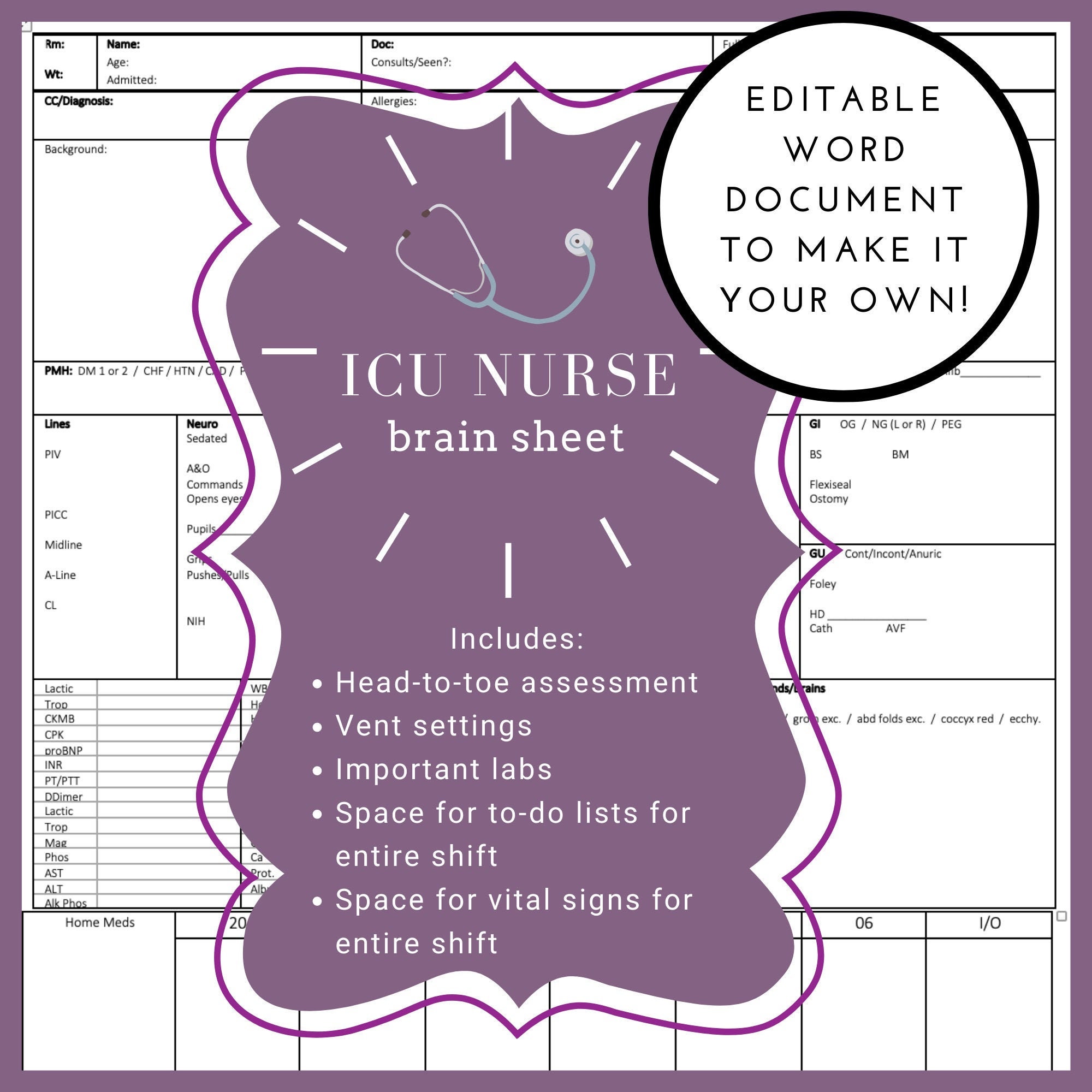 Icu Nurse Rn Brain Sheet Detailed Vent Settings Included Etsy