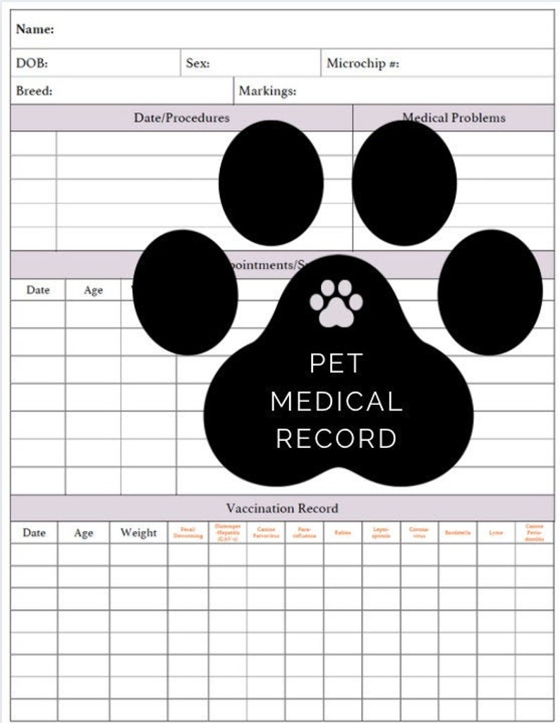 Pet Health Record, Dog Medical Record, Vaccination Tracker Etsy