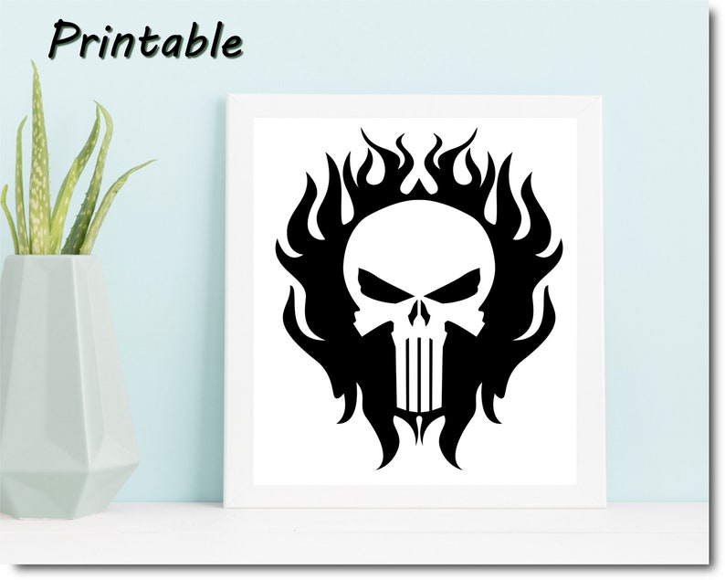 Sublimation Iron On Printable File Punisher Skull Punisher Svg Cricut Silhouette Cut Files Punisher Skull With Flames Background Svg