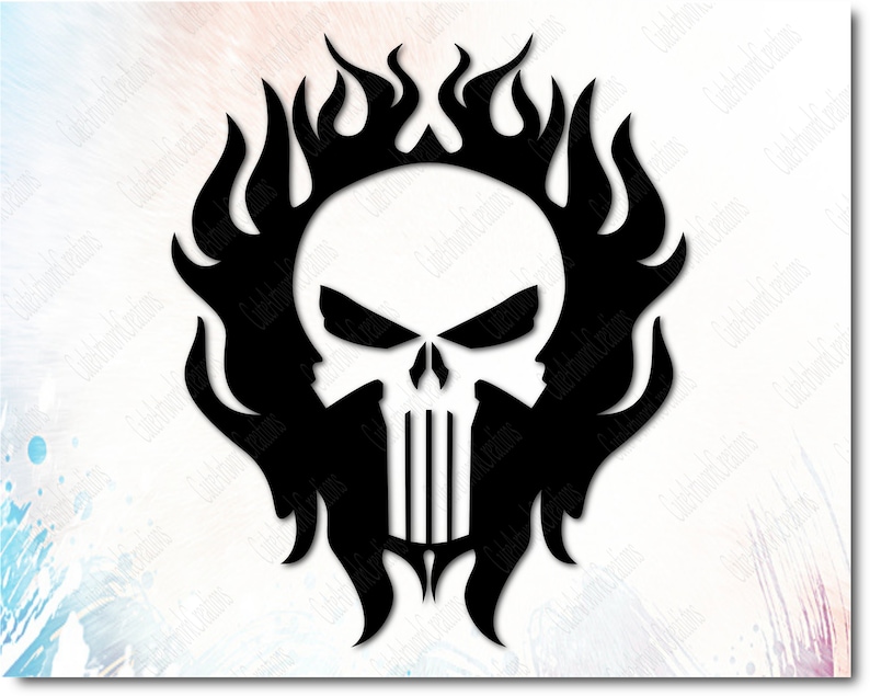 Sublimation Iron On Printable File Punisher Skull Punisher Svg Cricut Silhouette Cut Files Punisher Skull With Flames Background Svg