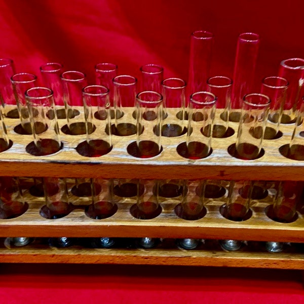 Soviet vintage wooden lab test tube holder and 20 test tubes, Made in USSR, Lab equipment, Wooden lab rack, 1970s