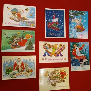 Sowjetische Postkarten, 8er Set, Glückwunschkarten, Signierte Karten, Telegrammformen, Künstler Zarubin, von 1979 bis 1986, UdSSR Kunst, Sammlerstücke