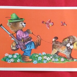 Radziecka pocztówka, Stara pocztówka, Niedźwiedź z psem, Ilustracja, Nieużywana, Radziecka stara pocztówka, Manilova, 1977, Sztuki piękne, ZSRR, Lata 70.