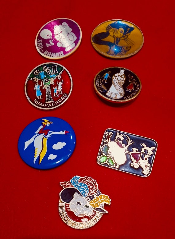 Soviet vintage badges, Set of 7, Fairy-tale heroes