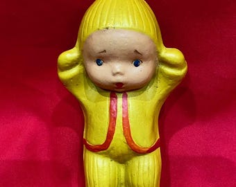 Vintage Rubber Baby Doll in Knitted Suit - Retro USSR Toy