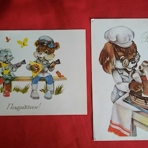 Cartão postal de parabéns, conjunto de 2, animais, balalaika, não utilizado, cartão postal vintage soviético, arte soviética, Yasyukevich, URSS, 1984,80s